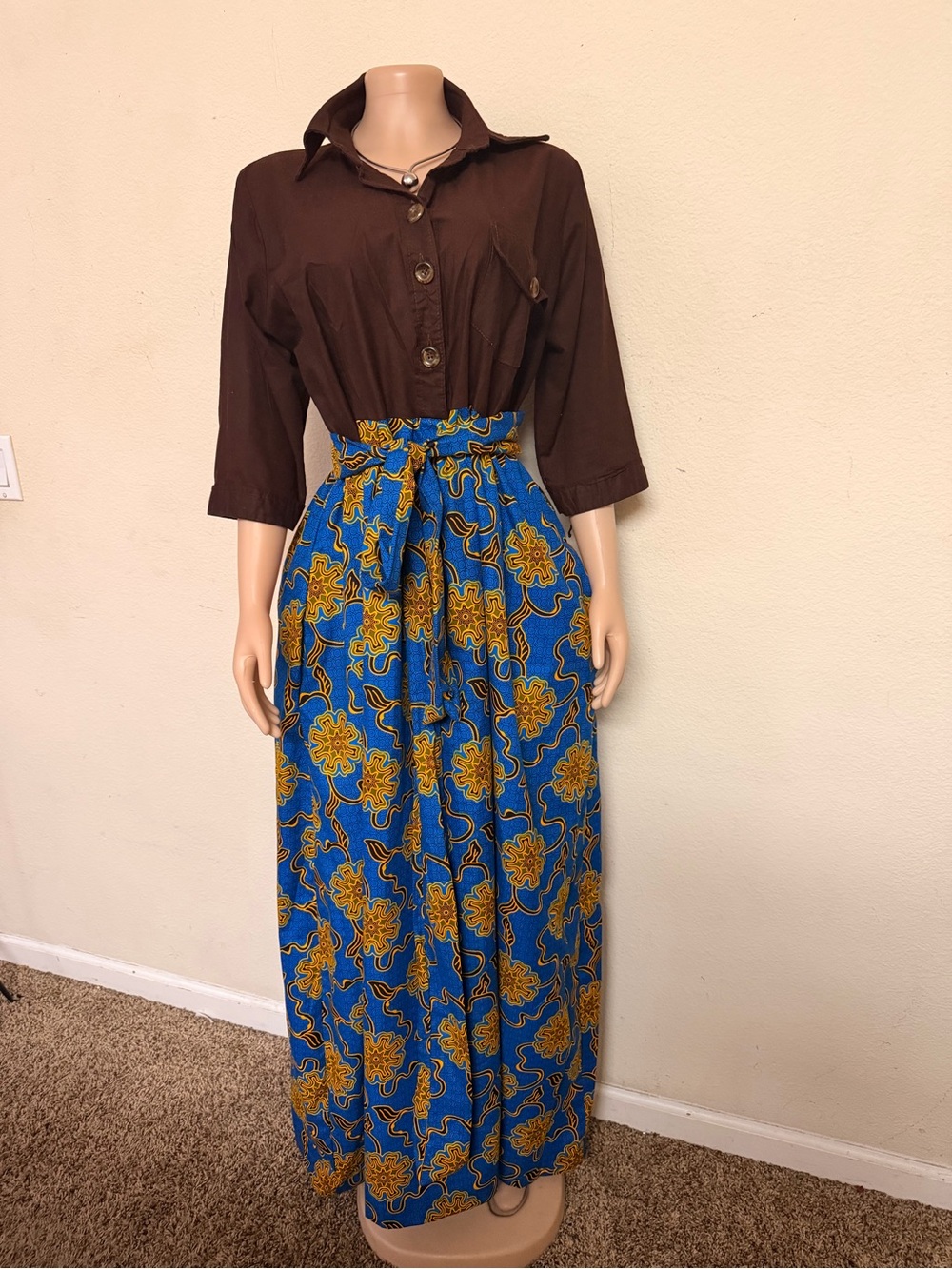 Blue & Gold Floral Maxi Dress with Tie Waist